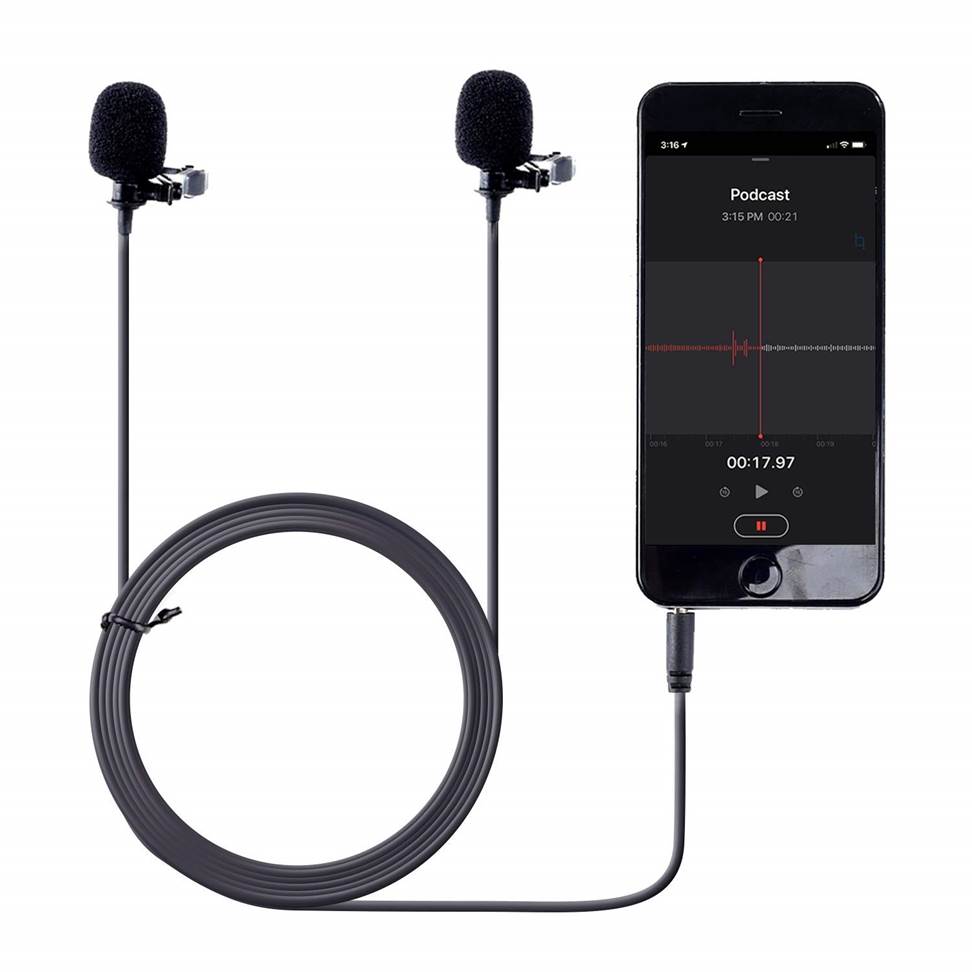 Movo PM20 Dual-Headed Lavalier Lapel Clip-on Omnidirectional Condenser Microphone with Headphone Monitoring for Smartphones.
