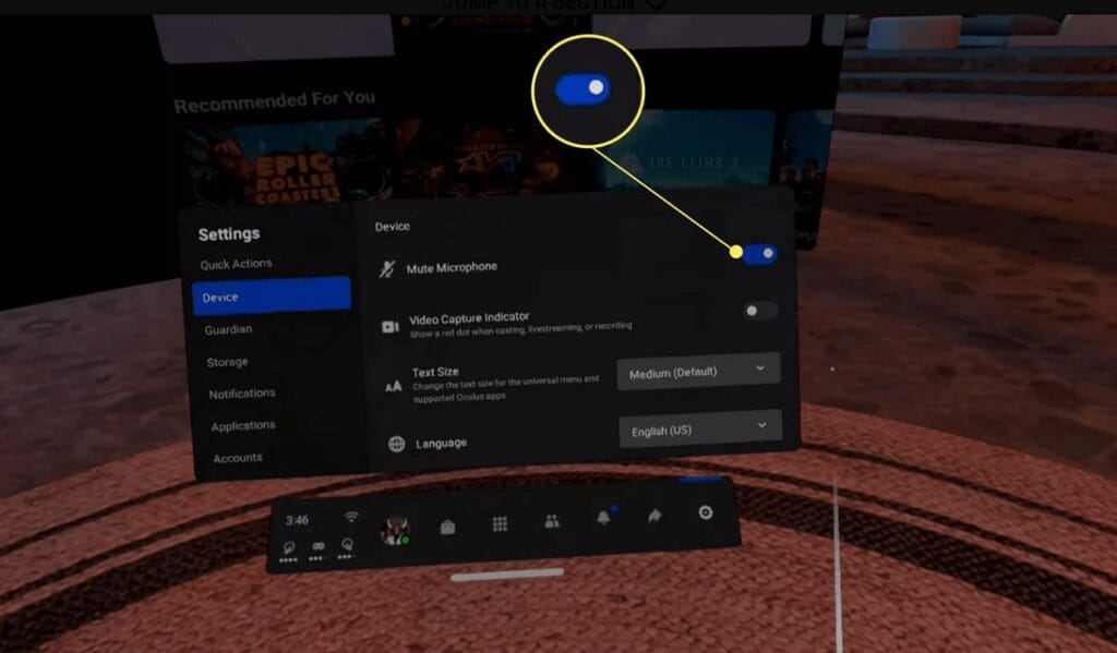 mute microphone option on ocules quest 2 settings panel
