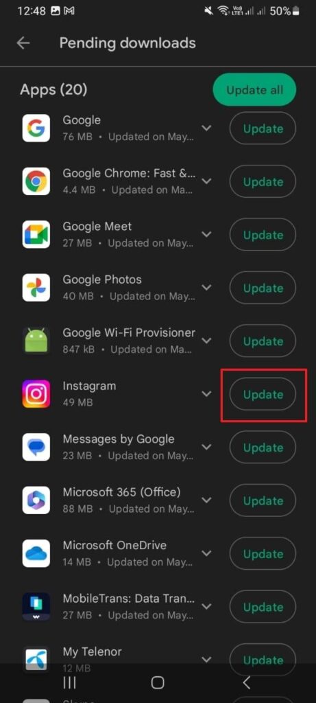 update instagram android app