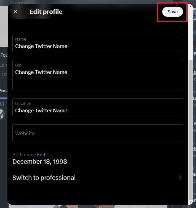 change twitter name using browser