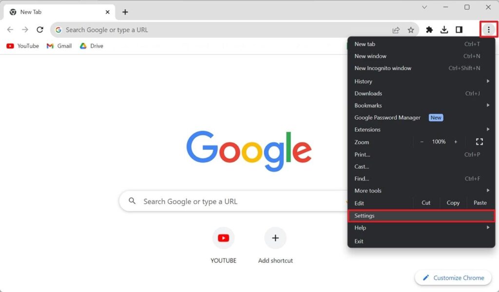 navigate to chrome settings