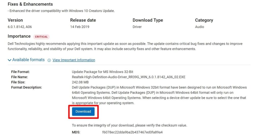 download driver file on system 