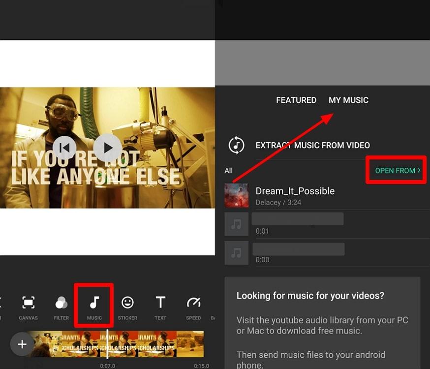 access enter music feature to upload audio 