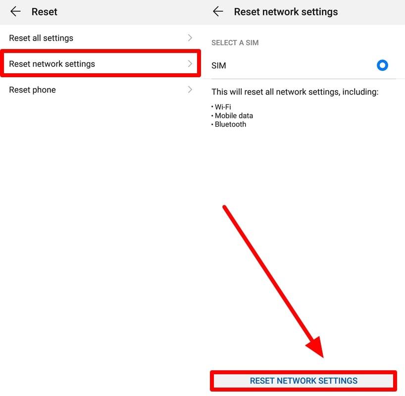 tap reset network settings button