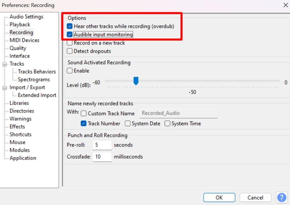 enable audio input monitoring 