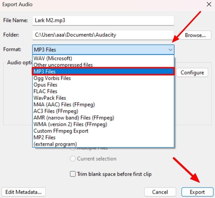 export your audio in desired format 