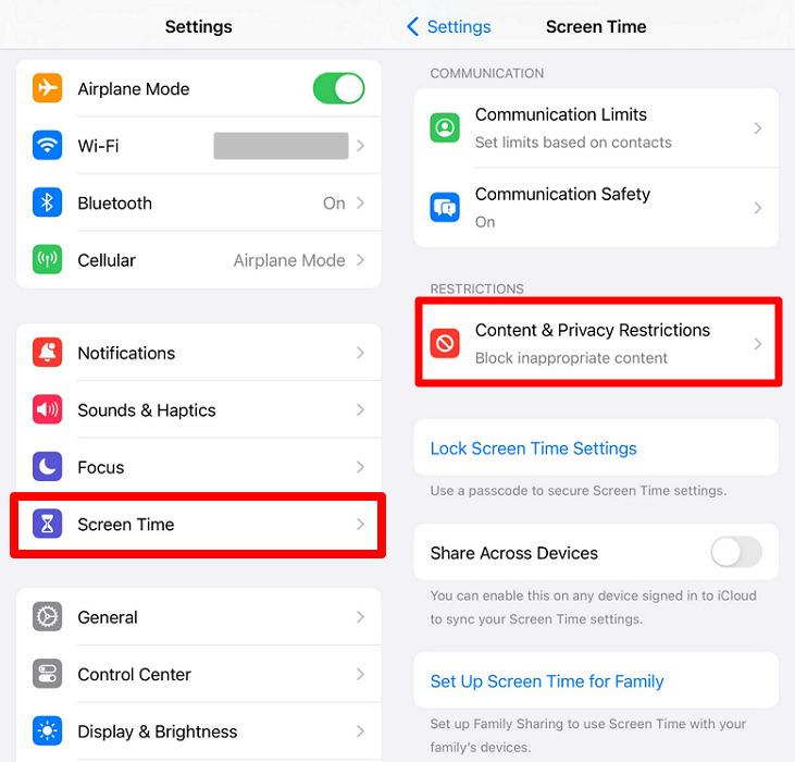 access content and privacy restrictions settings