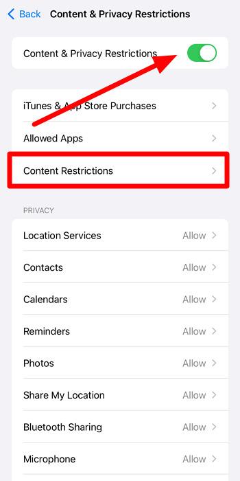 press the content restrictions button