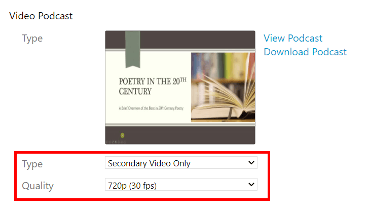 Outputs tab, Panopto video settings. On it, the Type and Quality dropdowns are highlighted by a red box.