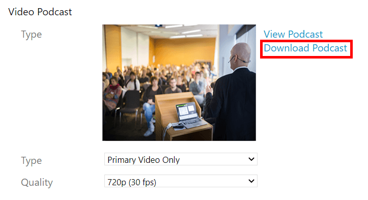 Video Podcast section, Outputs tab, video Settings window. On it, the "Download Podcast" option appears under a new podcast setting and is highlighted by a red box.