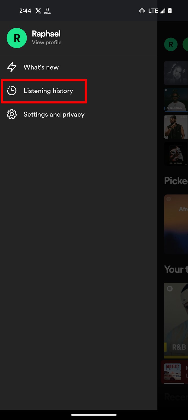 Voir l'historique d'écoute Spotify mobile 2 Menu de la barre latérale de la page d'accueil Spotify