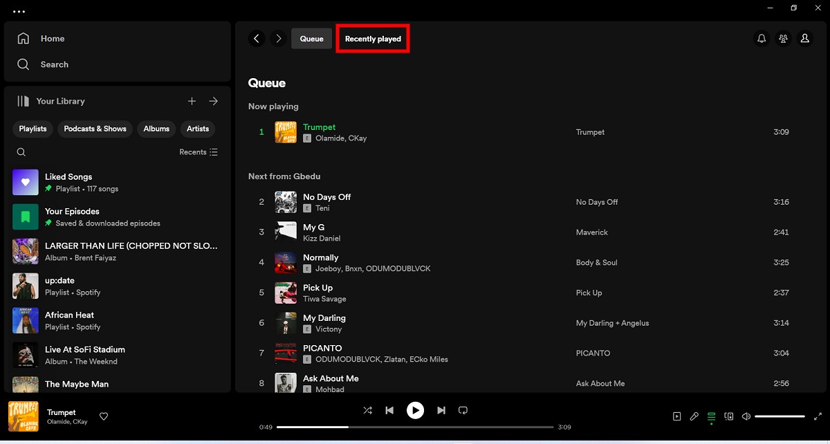 Voir l'historique d'écoute Spotify bureau 2 Page de queue Spotify sur bureau